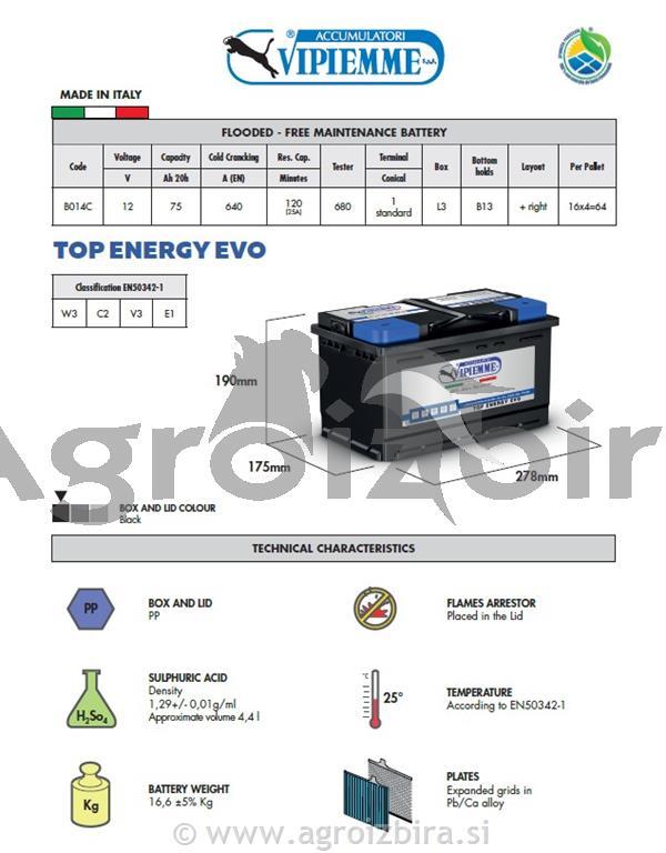AKUMULATOR 12 V 75 AH VIPIEMME 680 A