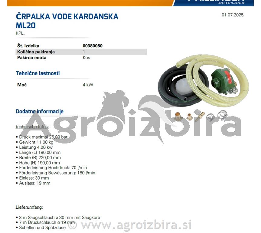 ČRPALKA VODE KARDANSKA ML20 KPL