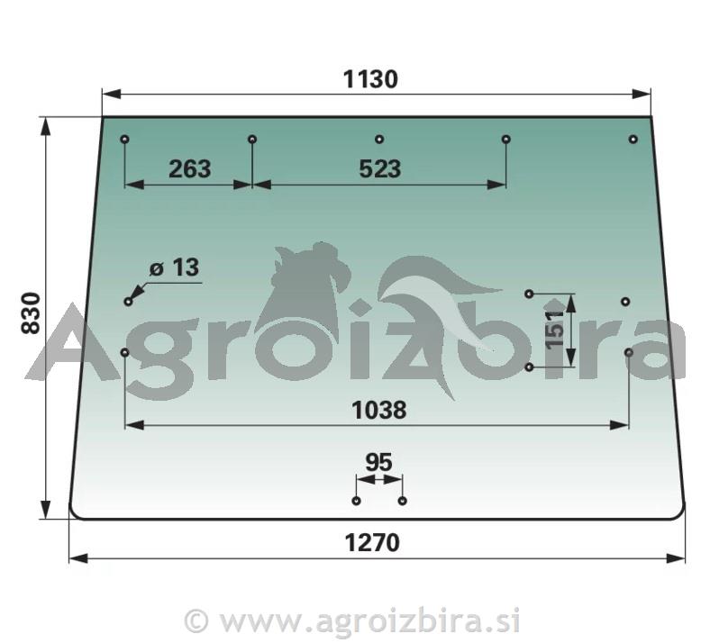 STEKLO KABINE ZADNJE ZELENO TONIRANO JOHN DEERE 13 lukenj, serija 40&50